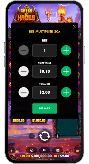Gates of Hades bet panel showing stake selection between £0.20 and £240 per spin
