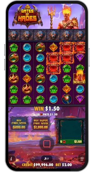 Gates of Hades slot in active play with cluster reels spinning and Hades symbols triggering bonus mechanics