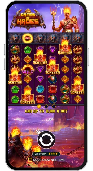Casino game library with search bar highlighting Gates of Hades demo in the Pragmatic Play catalogue